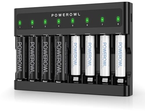 POWEROWL AA AAA Rechargeable Batteries with Charger, 8 Slots Battery Charger (FY-828), Independent Slot, USB Fast Charging for Ni-MH Rechargeable Batteries