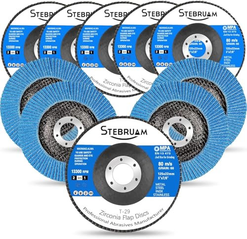 STEBRUAM 10 pezzi dischi lamellari da 125 mm, Disco Abrasivi grana 60, per Smerigliatrice Angolare a Batteria, GWS, BTI, Acciaio Inossidabile Metallo e Legno