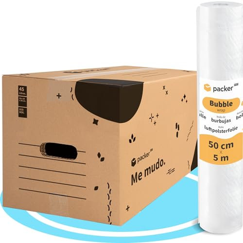 packer PRO Pack 20 Cajas Carton para Mudanzas y Almacenaje Ultra Resistentes con Asas, 50x30x30cm y Rollo Burbuja Embalaje de 50cm Ancho y 5m