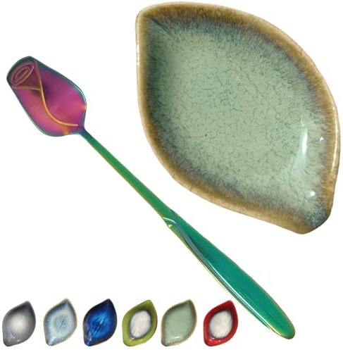 Coffee Spoon and Rest for Coffee Bar Accessories, Small Spoon Rest for Coffee Bar & Station, Tea Spoon Rest & Holder for Teaspoon Rest, 1 PC (Retro Mist Green Leaf with Rainbow Rose Spoon)