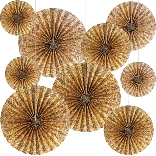 Outus 9 piezas de decoración de fiesta de vaquero occidental, abanicos de papel, ruedas de vagón, paja, fardos de heno, decoración de pared para decoración de pared de techo con temática occidental