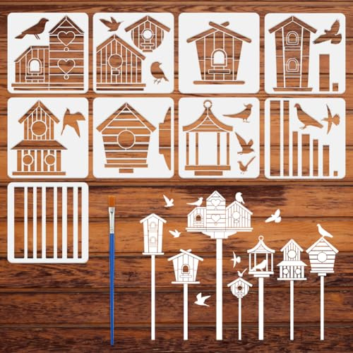 FINGERINSPIRE 9Styles Birdhouse Pattern Stencils with a Brush 30x30cm Various Birdhouse Painting Stencils Bird Silhouette Drawing Templates PET Plant Themes Template for Wood Wall Floor Tiles