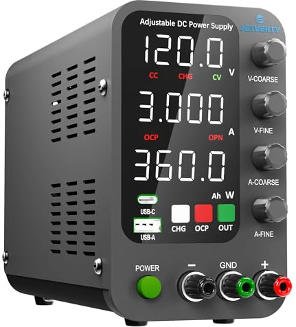 Fuente de alimentación CC Variable, 0-120V 0-3A Fuente de alimentación de Banco regulada CC con Carga rápida USB y Tipo C, Perilla codificadora,Interruptor de Encendido/Apagado de Salida Jesverty