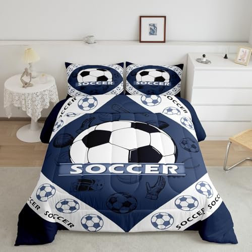 Loussiesd Edredón de plumón para niños, niñas, adolescentes, diseño de balón de fútbol, juego de ropa de cama transpirable con temática deportiva, juego de edredón para decoración de habitación