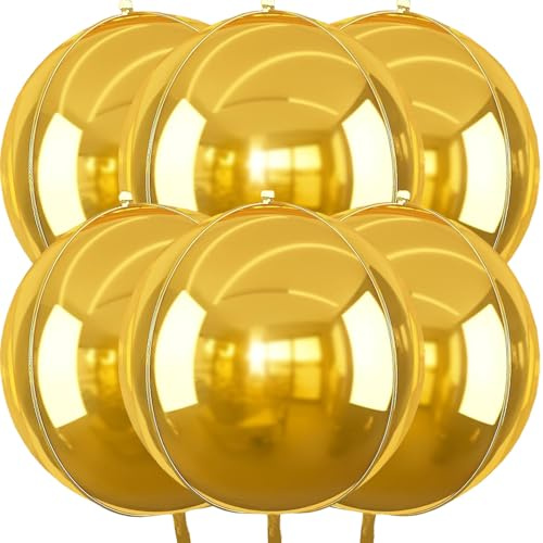 6 stycken stora ballonger, 50 cm (22 tum) jättestora 4D runda folieballonger helium folieballonger för födelsedag baby shower bröllop karneval party dekoration (guld)