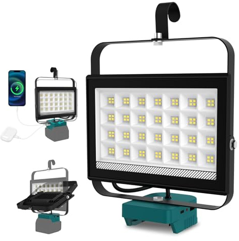 Akku Lampe Kompatibel mit Makita 18V, T-SUNUS 100W Kabellose LED Arbeitsleuchte Akku mit 2 Helligkeiten, LED Strahler Akku mit USB und Typ-C für Garagen Camping, Notfall(ohne Akku)