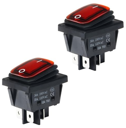 Powice 2X Glühen Schalter IP65 Wasserdichter Typ,Schiffstyp Selbstsichernder 4Poliger Schalter 230V mit Rotem Licht,Wippschalter16A/230V/20A/110V(Rot)