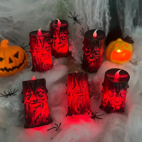 6 Pièces Bougie Led Chauffe Plat Déco Halloween Intérieur Exterieur,Décoration Halloween Crâne Lanterne Alimentato A Batteria,Lumière Rouge Lumineuse Bougie Automne Citrouille Deco Table