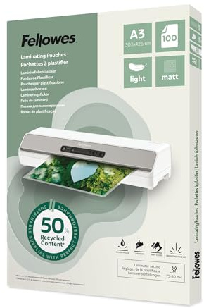 Fellowes A3 Laminierfolien – 100 Stück, 75/80 Mikron, Matt – 50% Recyclinganteil, perfekte Laminierhüllen für Dokumente, Unterricht & Büroalltag