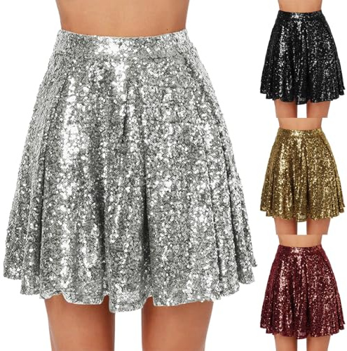 Glitzer Rock Goldener Rock Silber Pailletten Gold Metallischer Faltenrock Damen Metallic Röcke Leder Minirock Glitzerrock Pailettenrock Damen Skater Skirt Karneval Kostüm Fasching Festival Disco