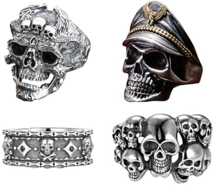 OIXYEY 4 piezas anillo retro punk rock calavera para hombre anillo de acero inoxidable anillo de banda, anillo de acero inoxidable para hombres niños piratas rock calavera anillos de motociclista