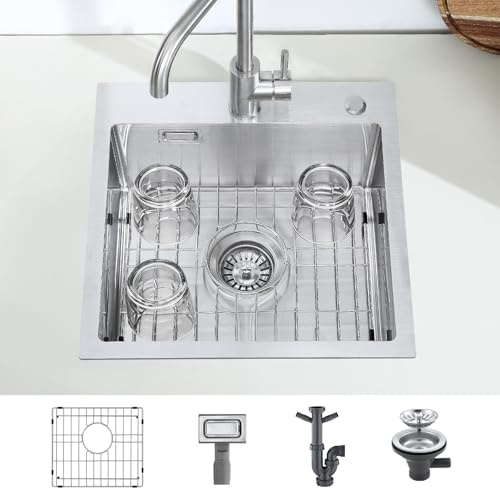 KEOKBON 304 Stainless Steel 45x45cm Kitchen Sink with 2 Tap Hole, Drop In Sink Trap Whole Set with Waste and overflow, with 2 Connections for Dishwasher/Washing Machine, 1 Bowl