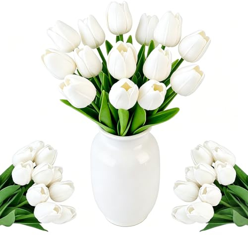 12 Tulipani Finti Bianchi Fiori Artificiali con Stelo in Ferro Fiori Primaverili Finti Perfetti per Decorazioni Casa, Matrimonio Bouquet Fiori Finti da Interno