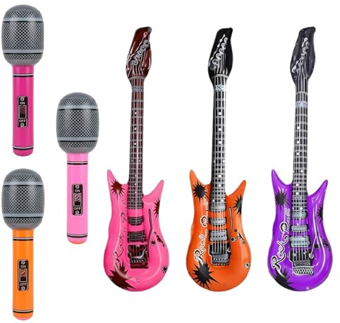 Inflatable Guitar & Inflatable Microphone Set, 6 Pack in 3 Bright Assorted Colors, Ideal for Musical Performances and Themed Events, Durable Inflatable Instruments for Photo Booths and Costume Parties