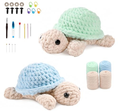 2 Stück Anfänger Häkelset, Schildkröte DIY Set mit Garn, Nadeln & Anleitung