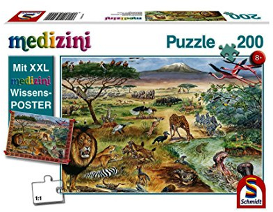 Schmidt Spiele Puzzle 56292 Kinderpuzzle, Tiere in Ostafrika Medizini (inklusive Poster), 200 Teile