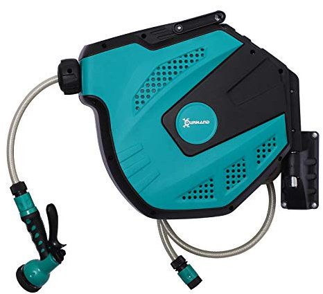 DURHAND 15m Garden Hose Reel Wall Mounted Auto Rewind with 7 Patterns Spray Nozzle, Includes Wall Fixings