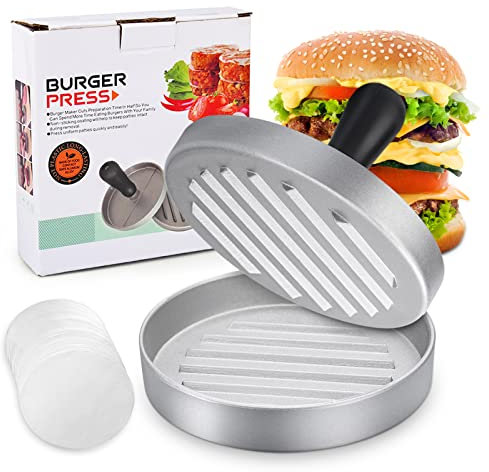 HEPAZ Burgerpresse mit 100 Blatt Backpapier,Hamburgerpresse Set aus Aluguss für leckere Hamburger,Patties, BBQ, Burger Presse mit Antihaftbeschichtung