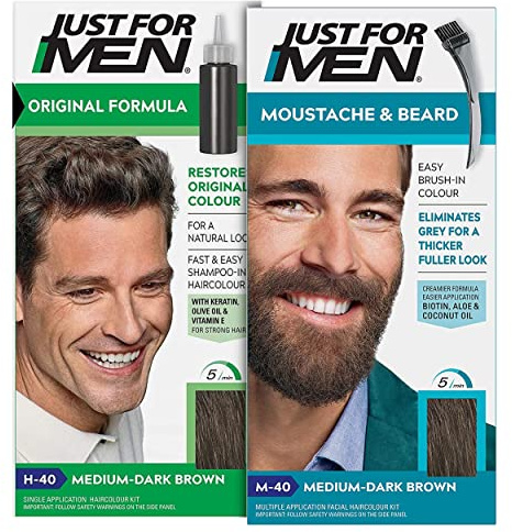 Just for Men Original Formula Medium-Dark Brown Hair Dye, Natural Look – H40 & Just for Men Moustache & Beard Medium-Dark Brown Dye – M40