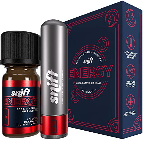 Snift Energy Nasal Inhaler | Aluminium, Refillable | Lasts 1 Year+, Pure Essential Oils (5ml) | Peppermint, Eucalyptus, Grapefruit, Bergamot