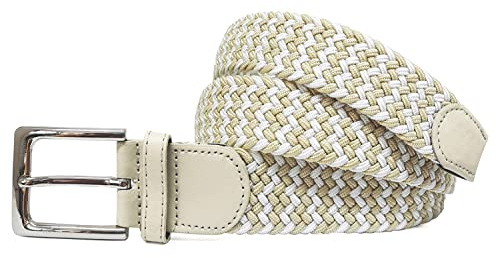 Gloop Unisex elastiskt tygbälte flätat stretchbälte stretchigt bälte för kvinnor och män total längd, beige + vit, Gesamtlänge 105cm