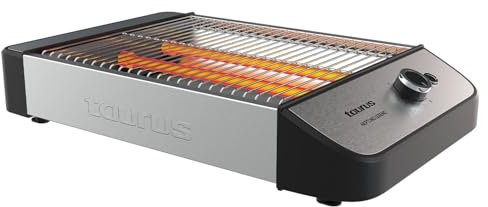 Taurus - Tostador Plano Horizontal Neptuno Legend, 1000W, 25 x 20 cm Superficie Tostado, 3 resistencias, Indicador Acústico, Capacidad 4 Tostadas, Bandeja Recogemigas, INOX, Recogecables