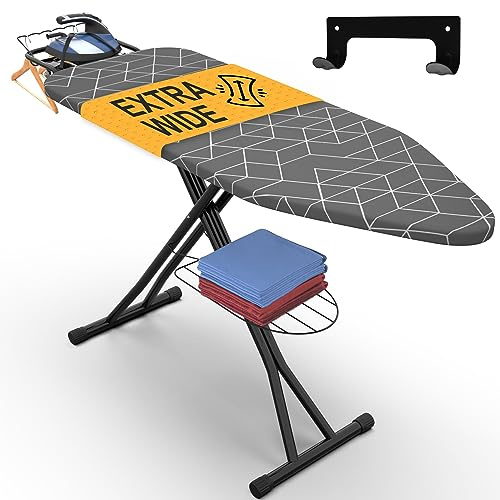 Xabitat Tabla de planchar de tamaño completo, tabla de hierro resistente de 57 x 18 pulgadas de ancho con colgador de montaje en pared, plegable, altura ajustable de 30 a 36 pulgadas, marco de metal