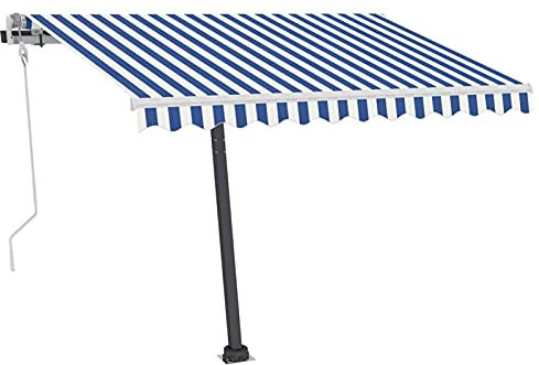 Homgoday Tenda da Sole Retrattile Manuale Tende da Sole per Esterno Tende da Sole per Balconi Tenda da Sole per Esterno Tenda da Sole a Bracci Estensibili con LED 300x250cm Blu e Bianco