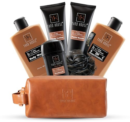 YARD HOUSE Luxury Mens Bath and Body Gift Set Basket For Him - Smoky Sandalwood - All Natural Skin Care Kit For Men w. Full Size Body Wash, Facial Scrub, Body Lotion, Deodorant in Leather Toiletry Bag