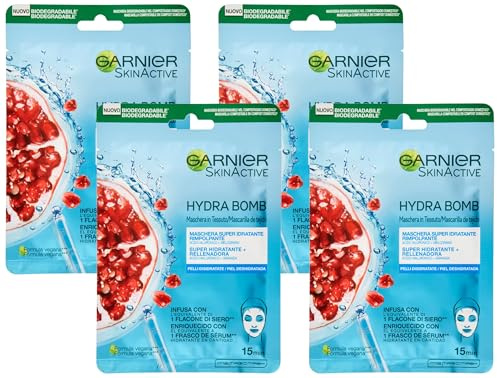 Garnier SkinActive Hydra Bomb Maschera Viso in Tessuto Super Idratante Energizzante per Pelli da Dissetare, 32 ml (Confezione da 4)