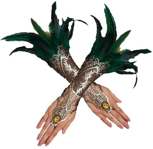 LJRPUPY Lange Federhandschuhe Kostüm Cosplay Feder Armband Hexe Spinnennetz Fingerlose Handschuhe für Halloween, Grün , Einheitsgröße