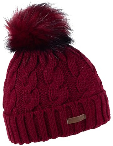 SABBOT Klassisch Damen Mütze mit Pelzbommel, Fleece-Futter, Wintermütze, Strickmuster, Warme Kappe mit Kragen (Burgunderrot)