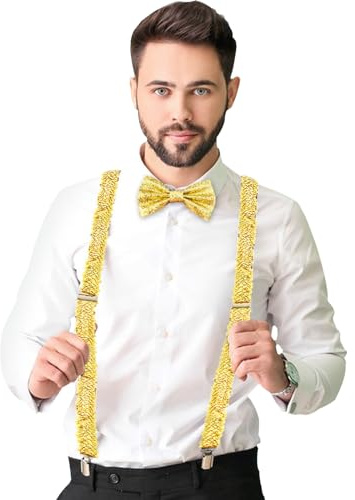 Tulov 2 Stück Pailletten Hosenträger & Fliege Set Herren – Verstellbar & Dehnbar, Glitzer Outfit für Silvester, Karneval, Disco, Mottoparty, JGA Kostüm Zubehör