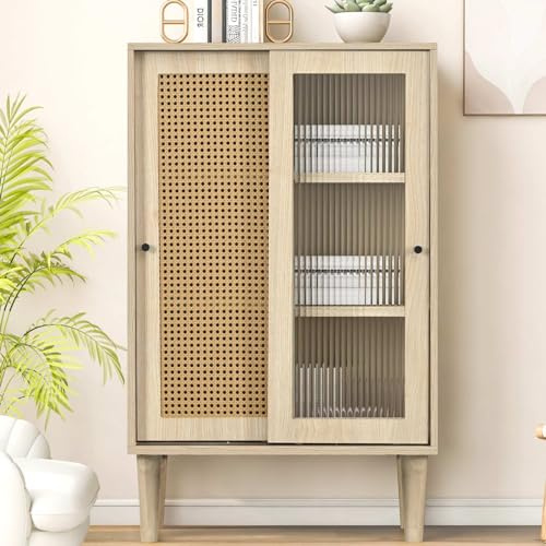 KOMHTOM Buffet de salle à manger naturel avec porte coulissante en verre et rotin, 6 compartiments de rangement, étagères réglables pour salon, cuisine, couloir (D)