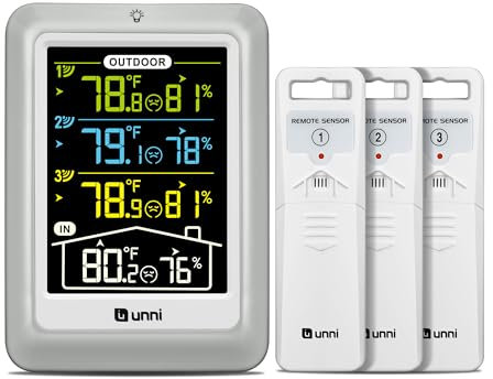 U UNNI Funk Wetterstation mit 3 Außensensoren, 4.5 Zoll Display Temperatur Feuchte Monitor mit 100M/ 330FT Reichweite Sensor und 3 Verstellbare Hintergrundbeleuchtung (Mehrfarbig)