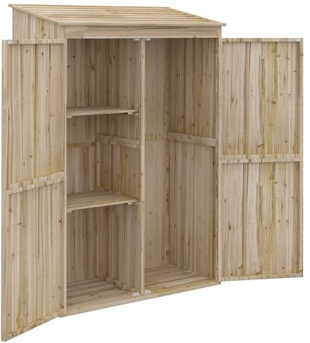 Outsunny Casetta da Giardino in Legno di Abete con 2 Porte, Capanno Per Attrezzi con Tetto Inclinato e Ripiani, 120x57x183cm, Naturale