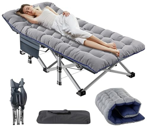 ZIKEBTUY Garden Sunloungers 440lbs Load Capacity Folding Bed Sun Recliner Lounger with Side Pocket and Adjustable Backrest Portable Camp Bed for Camping Office Nap Patio Pool 190x71x35CM (Grey)