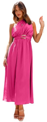 HEYPORK Damen Frühling Sommer Kleid Bequem Lässig Modern Elegant Kleider Frauen Elegante Schlanke EIN Schulter Metall Spaghettiträger Kleider(Rot, M)