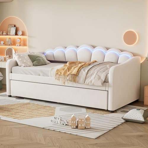 Cayipng Sofá cama convertible de 2 plazas, 90 x 200 cm, estructura de cama de terciopelo, convertible, cama de matrimonio con contenedor, cama extraíble, cama individual, beige (sin colchón)