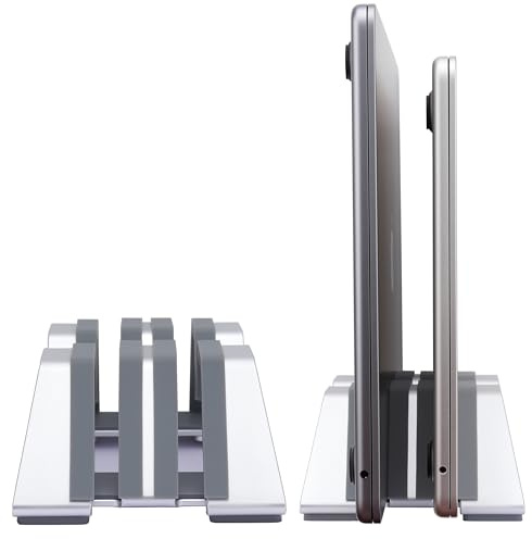 Psitek Soporte Vertical Portátil Doble Ajustable - Aluminio, Soporte para 2 Dispositivos, Adecuado para Todos los Laptop (Ancho Ajustable 10-30 mm) - Diseño de Moda Patentado, Antideslizante