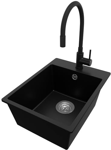 PRIMAGRAN Evier Cuisine en Granit Noir 38x50cm, Lavabo 1 bac + Robinet 40x38cm + Kit de Vidage, Évier à Encastrer au Meuble 40cm - Riga S061