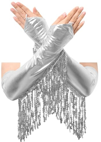 Aislor Damen Metallic Handschuhe Glänzend Pailletten Fransen Handschuhe Ellbogen Handschuhe Armstulpe Tanzhandschuhe Halloween Karneval Kostüm