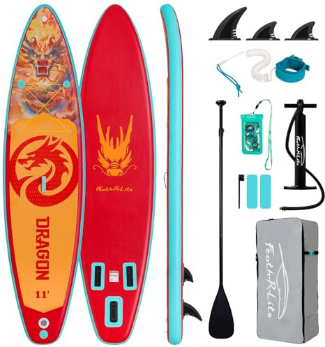FEATH-R-LITE Aufblasbare Stand Up Paddle Boards Multifunktionale Paddleboard Mit Handpumpe, Sup Rucksack, Leine, Einstellbares Paddel, Für Erwachsene, Aller Fertigkeitsstufen (Drache-Orange)