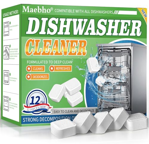 Dishwasher Cleaner and Deodorizer Tablets-12 Pack, Heavy Duty Deep Cleaning Descaler Pods for Dish Washer Machine, Removes Limescale, Odor, Grease, and Hard Water Stains, Septic Safe