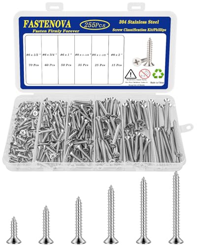 FASTENOVA 255pcs Wood Screws Assortment Kit, 304 Stainless Steel, Self - Tapping Phillips Drive, 6 Sizes:1/2” 3/4”1” 1-1/4” 1-1/2” 2”