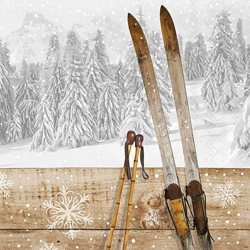 20 Servietten Weihnachten Skier an Holz als Tischdeko. Papierservietten mit Motiv. Auch für Decoupage und Serviettentechnik 33x33cm