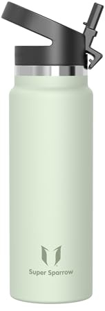 Super Sparrow Botella de Agua Acero Inoxidable - Botella Termica Boca Ancha con Paja 1 Litro - Sin BPA, para Gimnasio, Deporte, Oficina, Yoga, Ciclismo