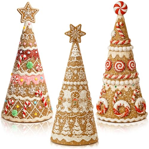 Simgoing 3 Packs Gingerbread Christmas Tree Figurines Resin Tabletop Decor