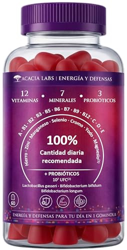 Gominolas Multivitaminas de fresa con 12 Vitaminas, 7 Minerales y 3 Probióticos - 100% cantidad recomendada diaria - 1 Gominola al día (2 meses) - La única con una fórmula tan completa