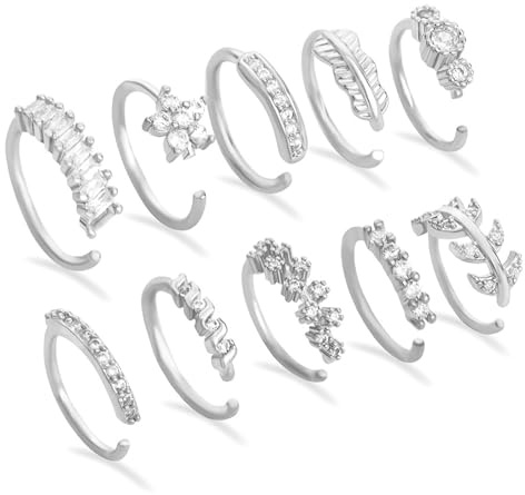 DAVBNM 10Pcs Nose Rings Hoops Nose Piercing Jewellery Nosee Rings for Women Girls Septum Clicker Rhinestones Paved Leaf Feather Hinged Cartilage Tragus Lip Earrings Nosee Piercing Hoop for Women